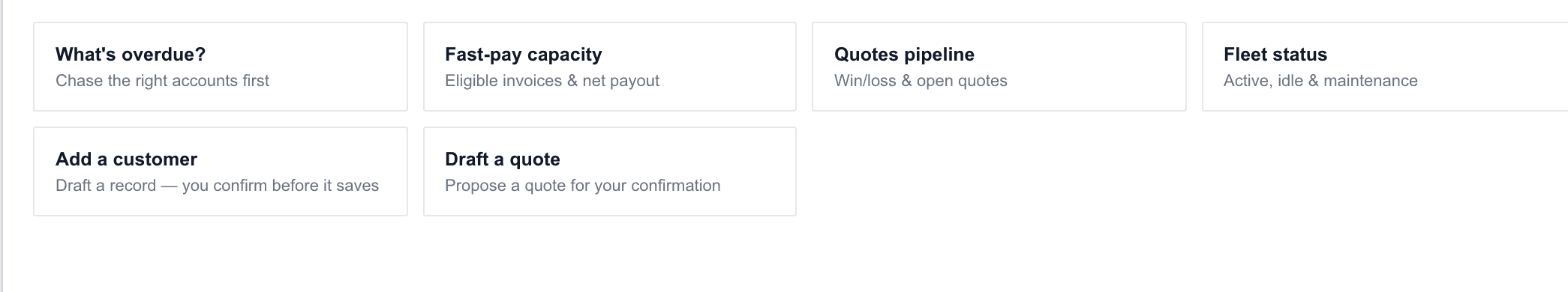 TruckWys copilot prompts: what is overdue, fast-pay capacity, quotes pipeline and fleet status