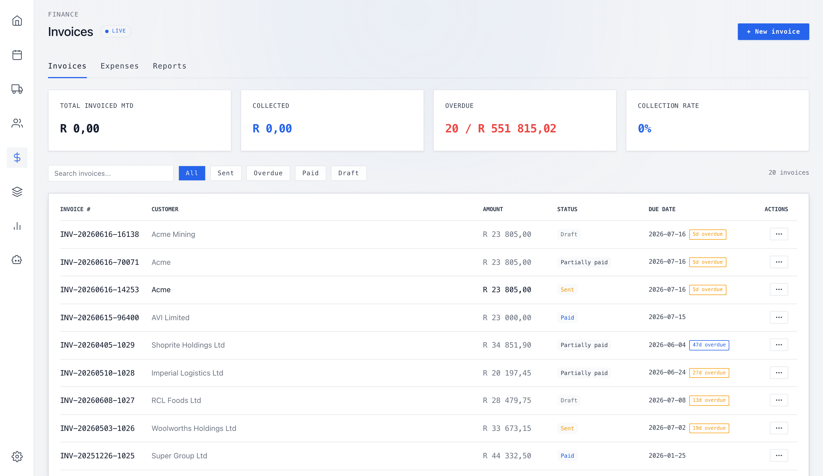 The TruckWys invoice list with statuses, overdue flags and collection follow-ups
