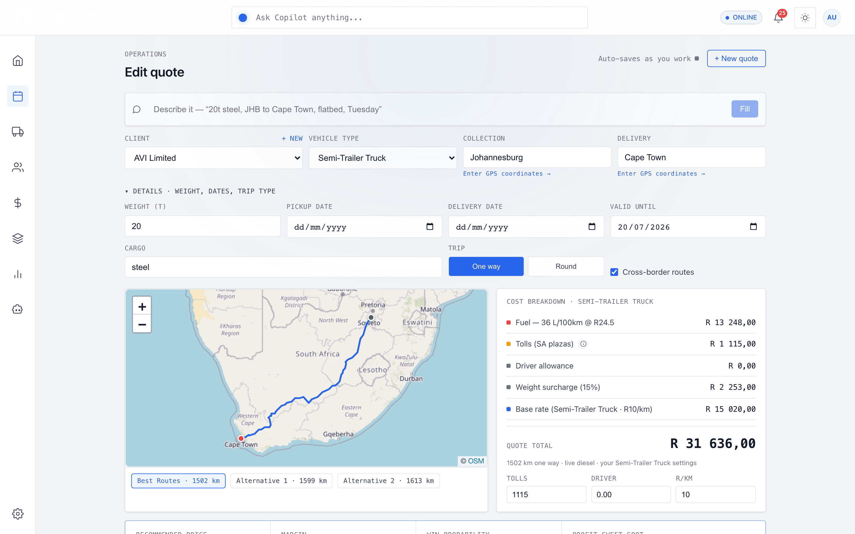 The TruckWys quote builder filled from a plain-language description, showing route options and the cost breakdown